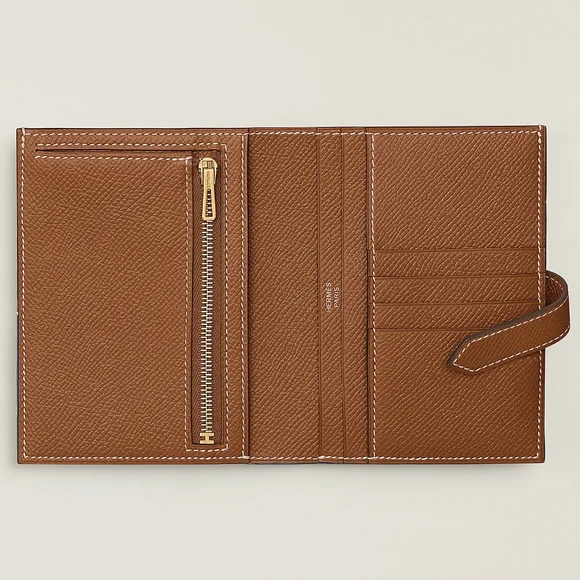 HERMES Bearn Compact Wallet Epsom Calfskin Gold New With Tags Full Set - Picture 2 of 4